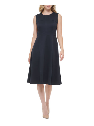 TOMMY HILFIGER Womens Navy Textured Zippered Sleeveless Round Neck Midi Wear To Work Fit + Flare Dress 2