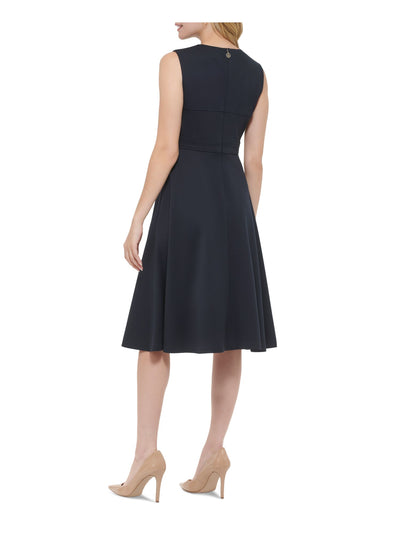 TOMMY HILFIGER Womens Navy Textured Zippered Sleeveless Round Neck Midi Wear To Work Fit + Flare Dress 2