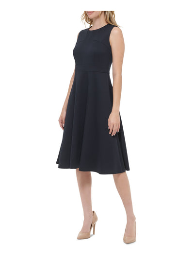 TOMMY HILFIGER Womens Navy Textured Zippered Sleeveless Round Neck Midi Wear To Work Fit + Flare Dress 2