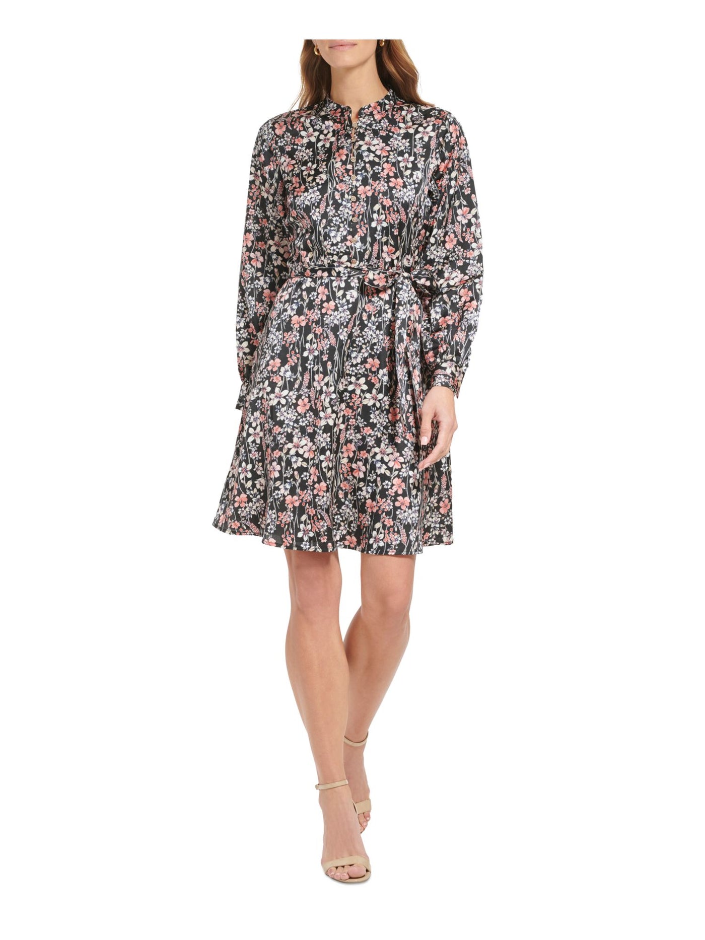 TOMMY HILFIGER Womens Black Belted Button Down Floral Cuffed Sleeve Mandarin Collar Above The Knee Party Fit + Flare Dress 8