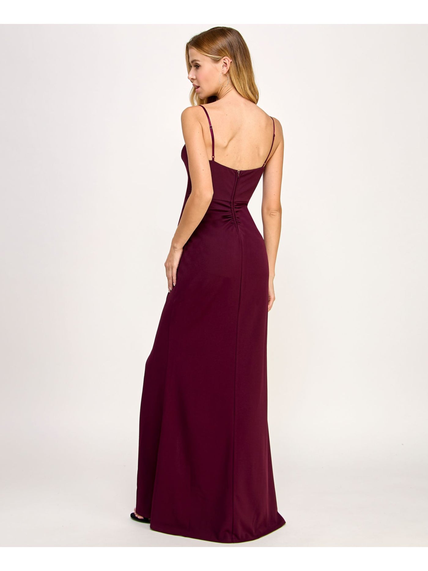 EMERALD SUNDAE Womens Purple Ruffled Caged Midriff Padded Slitted Spaghetti Strap V Neck Full-Length Formal Dress Juniors XXS