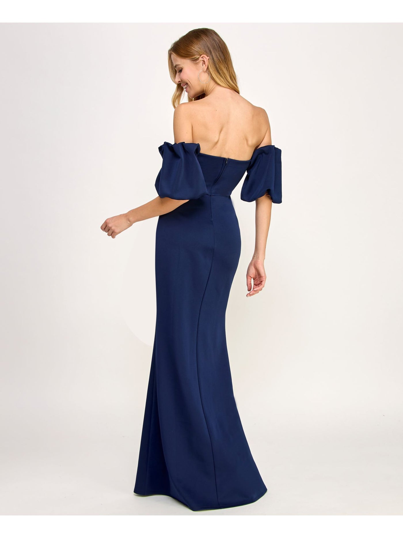 EMERALD SUNDAE Womens Zippered Pouf Sleeve Off Shoulder Full-Length Formal Gown Dress