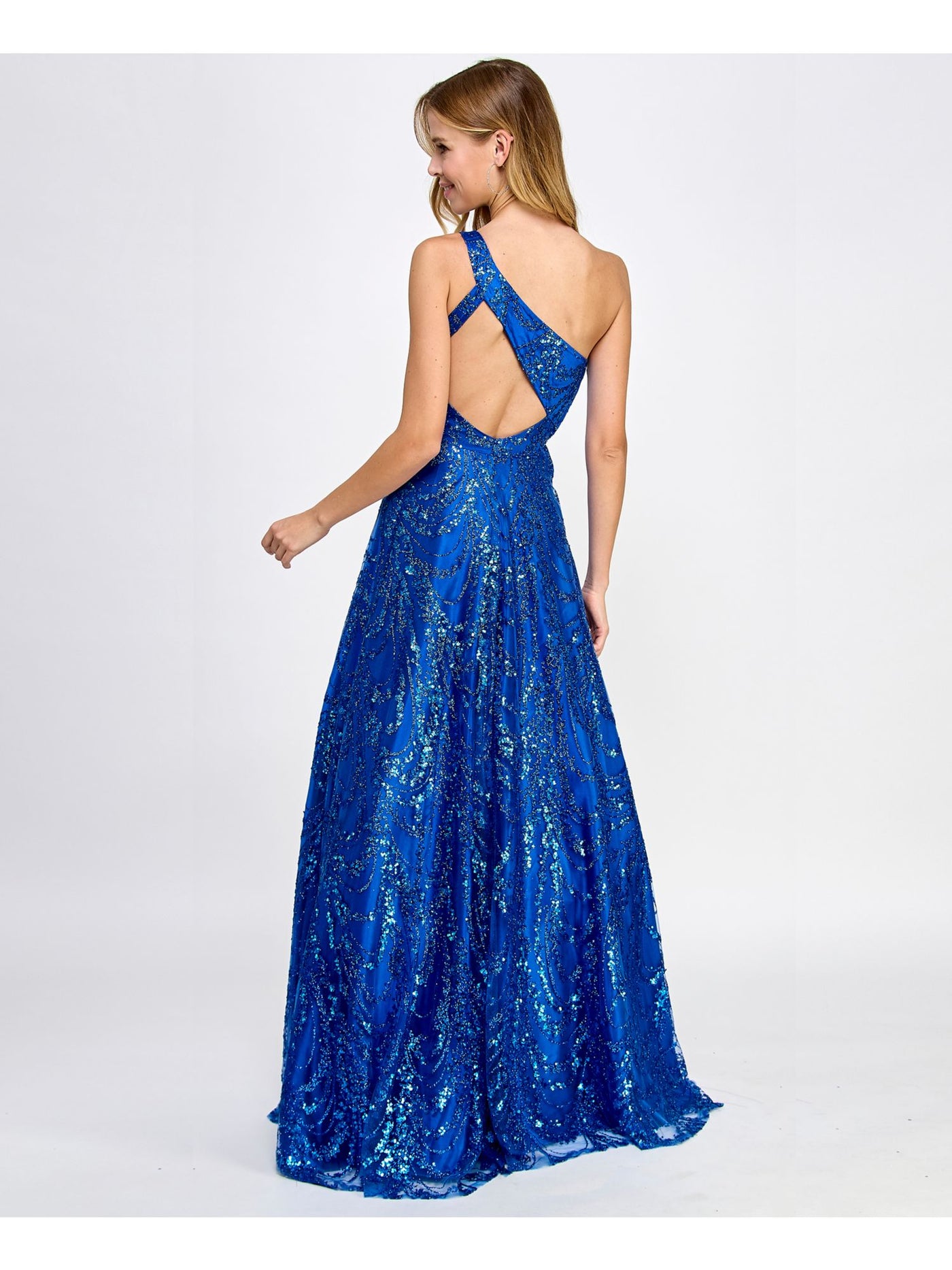 SAY YES TO THE PROM Womens Blue Zippered Lined Strappy Open Back Glitter Tulle Sleeveless Asymmetrical Neckline Full-Length Prom Gown Dress Juniors 5\6