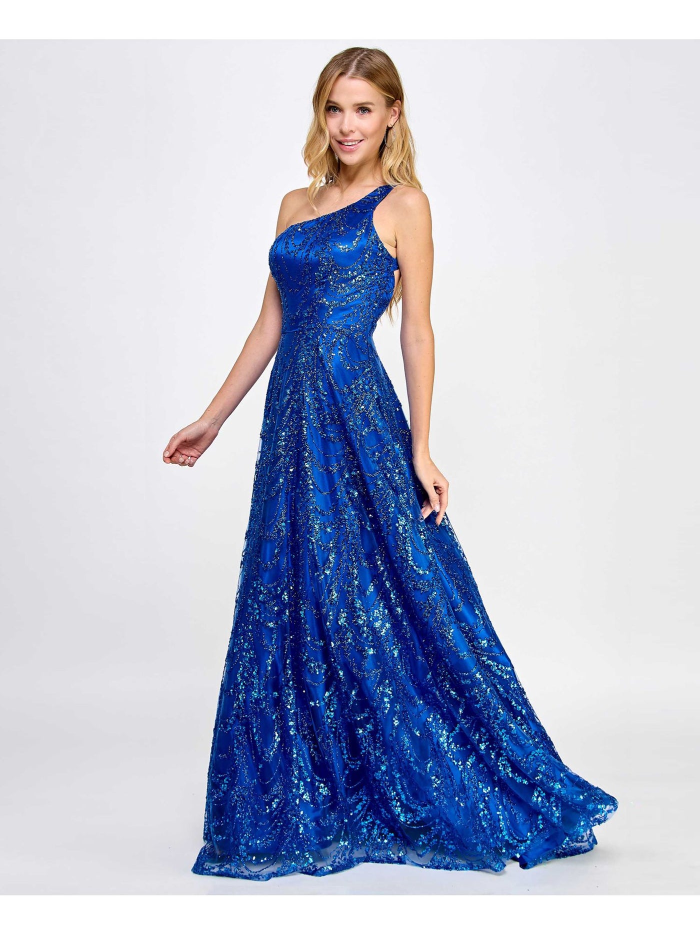 SAY YES TO THE PROM Womens Blue Zippered Lined Strappy Open Back Glitter Tulle Sleeveless Asymmetrical Neckline Full-Length Prom Gown Dress Juniors 5\6