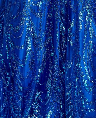 SAY YES TO THE PROM Womens Blue Zippered Lined Strappy Open Back Glitter Tulle Sleeveless Asymmetrical Neckline Full-Length Prom Gown Dress