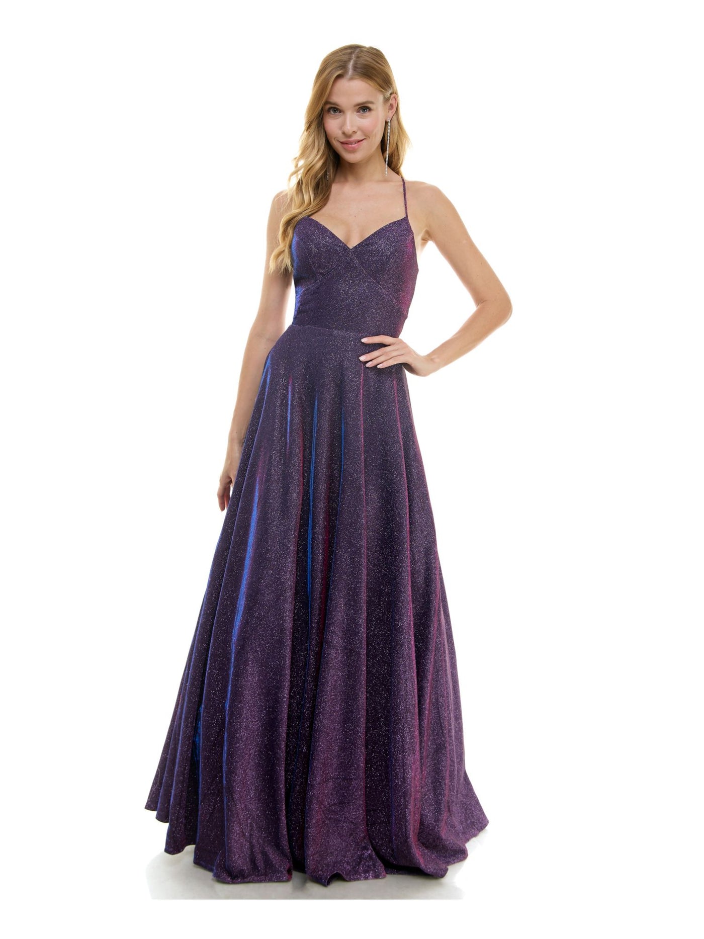 CITY STUDIO Womens Purple Zippered Lined Lace Up Glitter Padded Ombre Spaghetti Strap V Neck Full-Length Formal Gown Dress Juniors 11\12