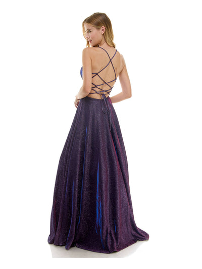 CITY STUDIO Womens Purple Zippered Lined Lace Up Glitter Padded Ombre Spaghetti Strap V Neck Full-Length Formal Gown Dress Juniors 1\2