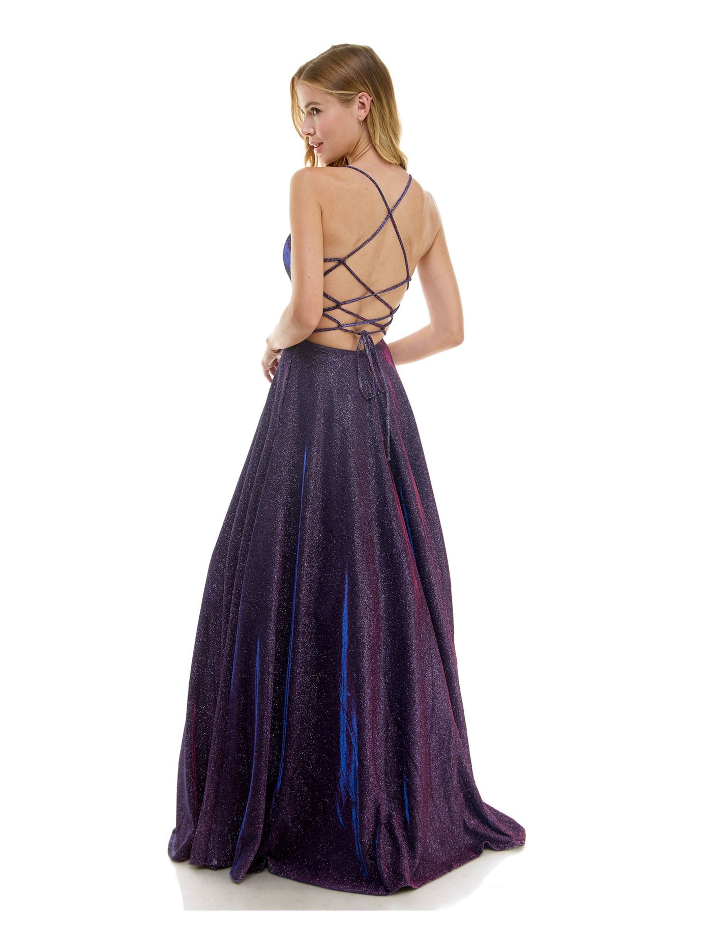 CITY STUDIO Womens Purple Zippered Lined Lace Up Glitter Padded Ombre Spaghetti Strap V Neck Full-Length Formal Gown Dress Juniors 11\12