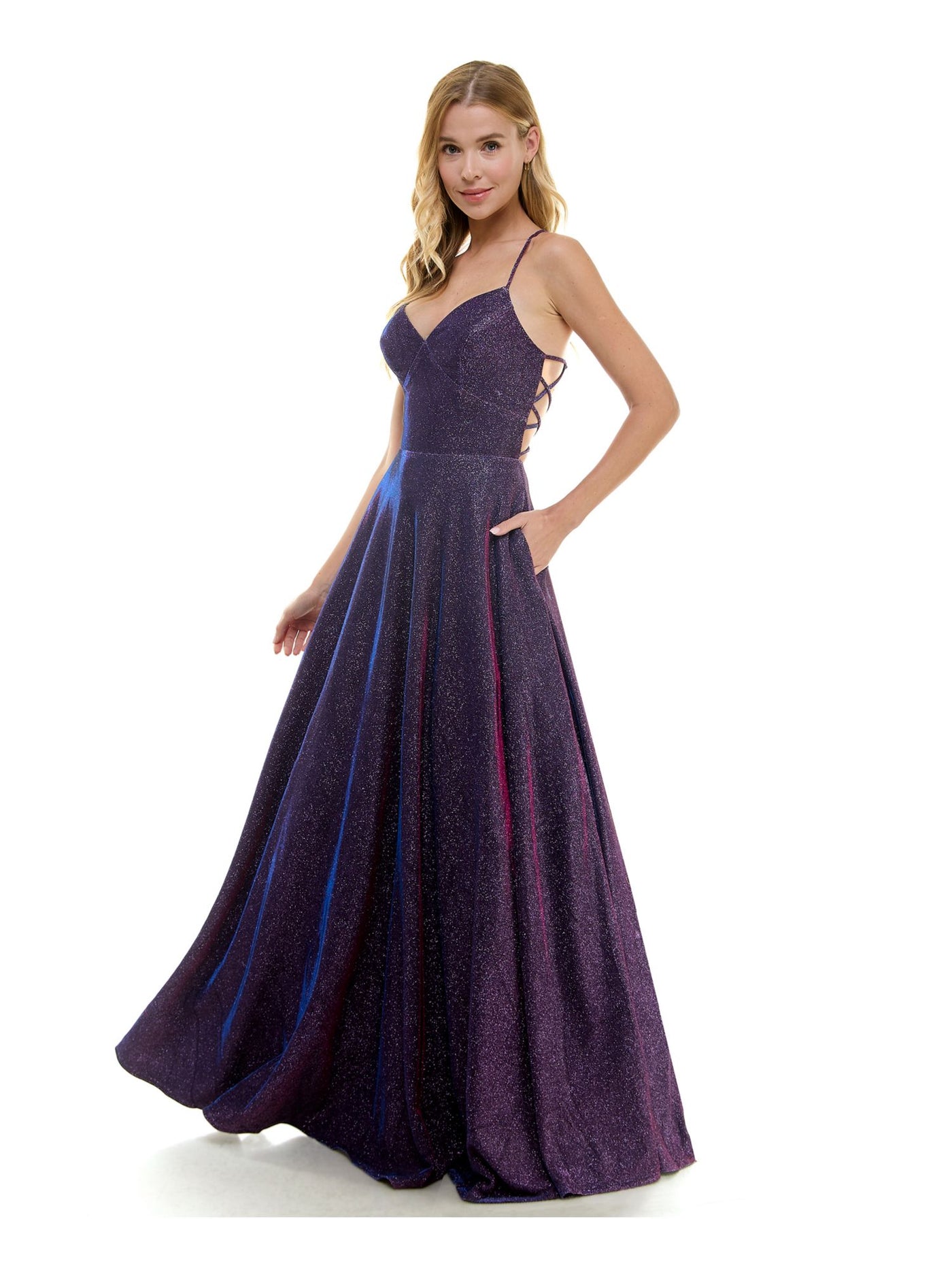 CITY STUDIO Womens Purple Zippered Lined Lace Up Glitter Padded Ombre Spaghetti Strap V Neck Full-Length Formal Gown Dress Juniors 7\8