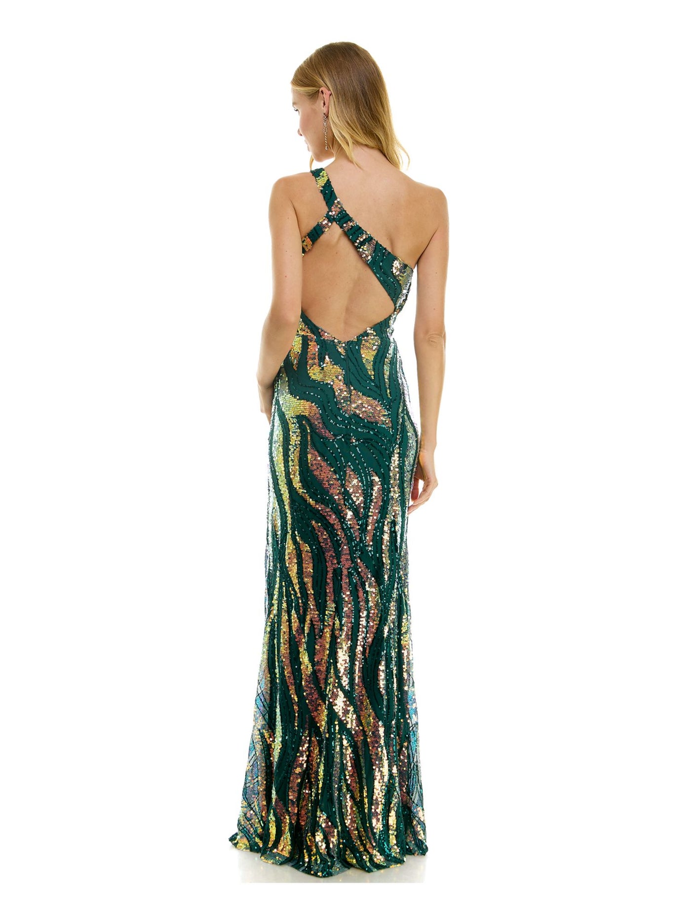CITY STUDIO Womens Green Zippered Slitted Lined Sequined Padded Sleeveless Asymmetrical Neckline Full-Length Formal Gown Dress Juniors 11\12