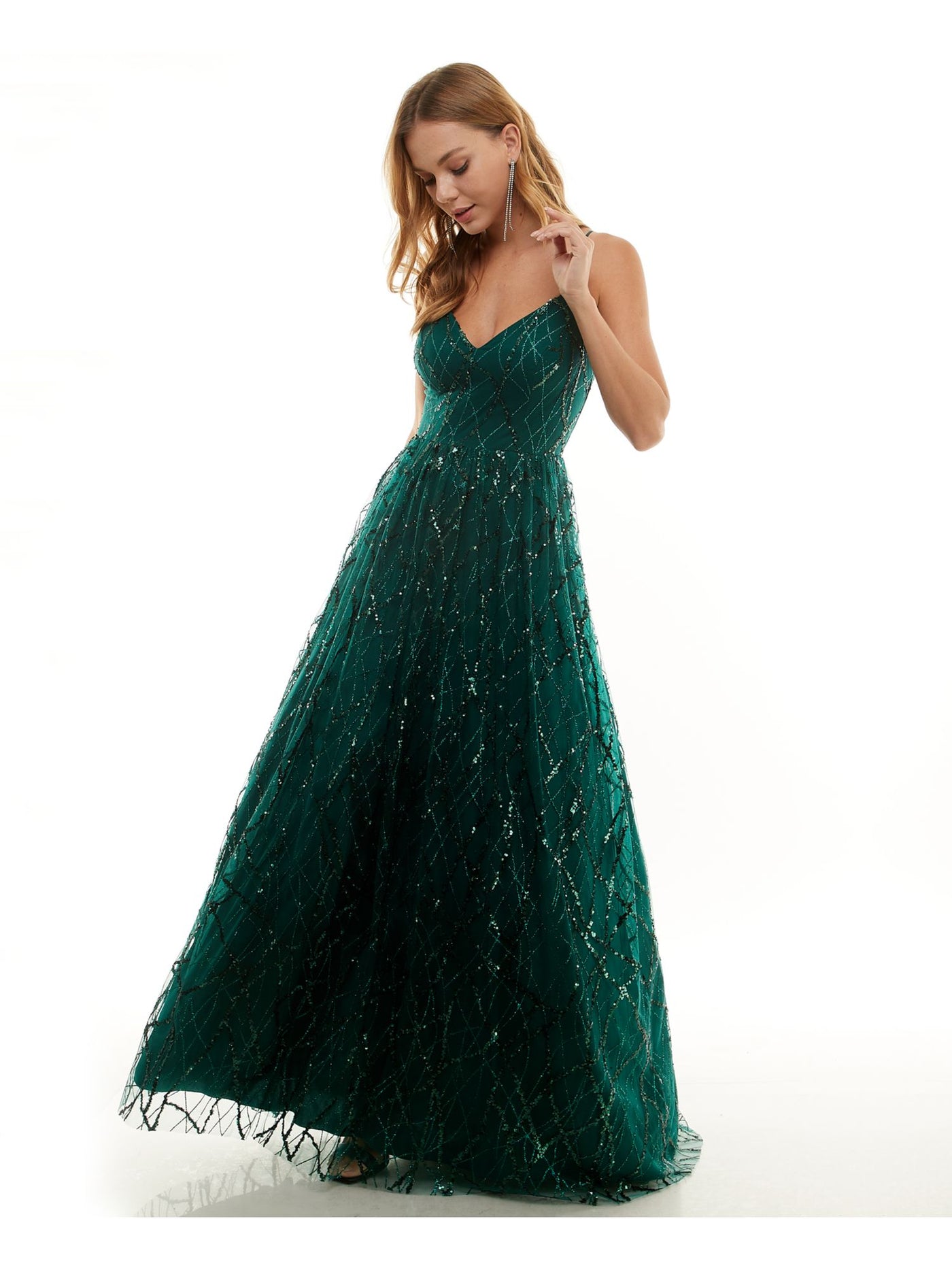 SAY YES TO THE PROM Womens Green Embellished Zippered Lace-up Back Lined Spaghetti Strap V Neck Full-Length Prom Fit + Flare Dress Juniors 0