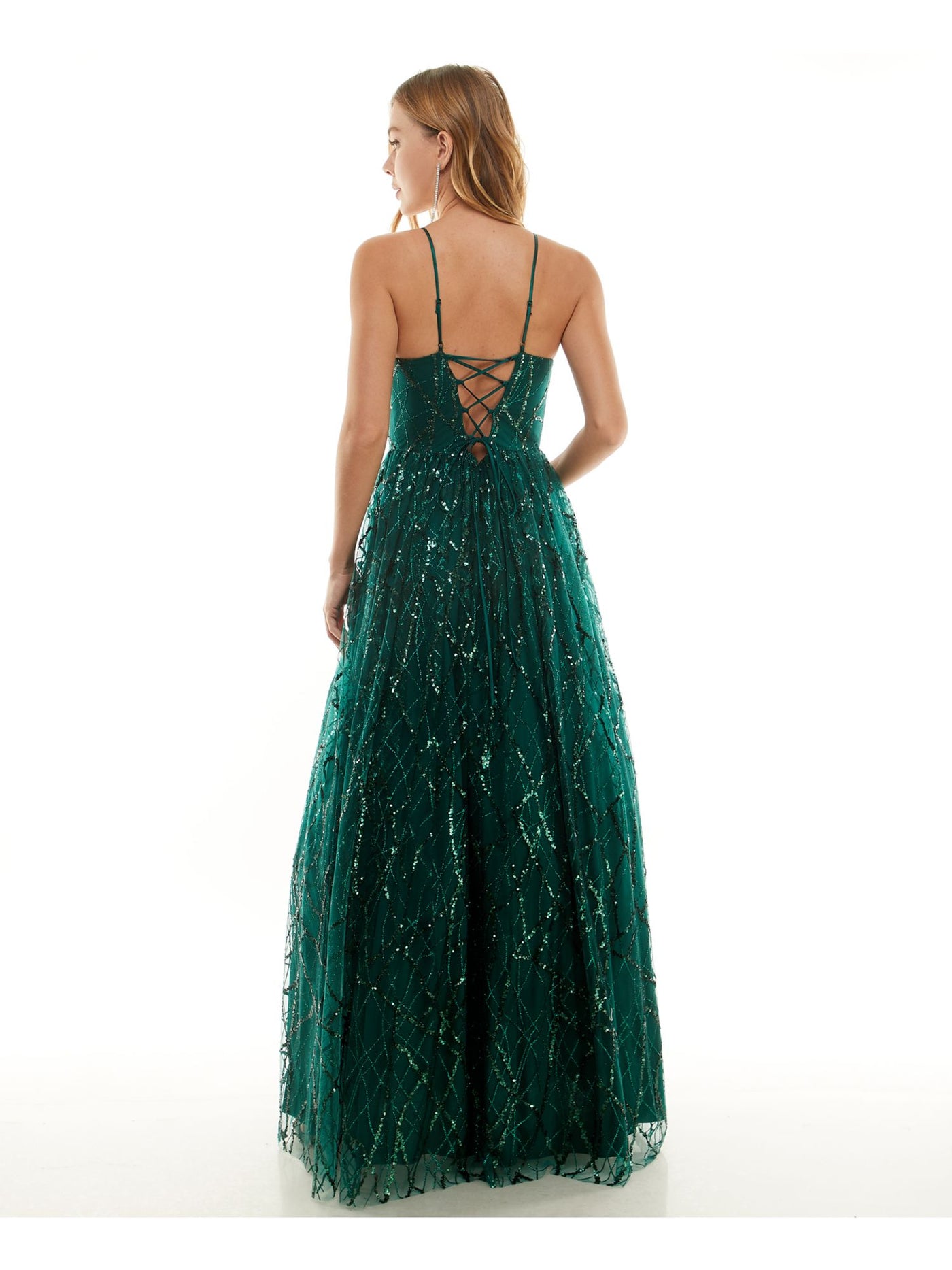 SAY YES TO THE PROM Womens Green Embellished Zippered Lace-up Back Lined Spaghetti Strap V Neck Full-Length Prom Fit + Flare Dress Juniors 0