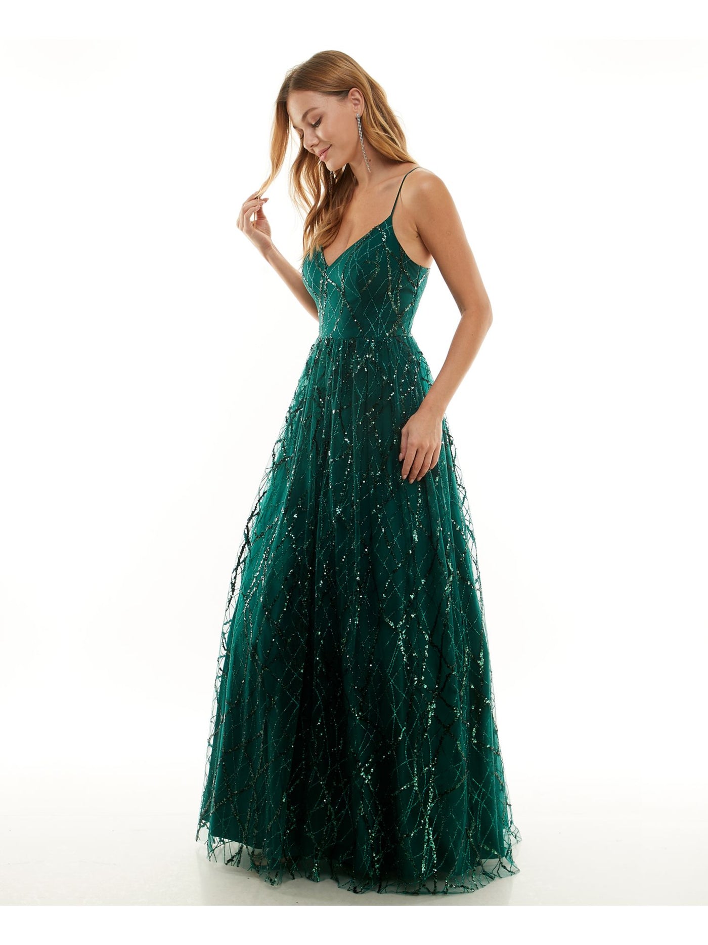 SAY YES TO THE PROM Womens Green Embellished Zippered Lace-up Back Lined Spaghetti Strap V Neck Full-Length Prom Fit + Flare Dress Juniors 0