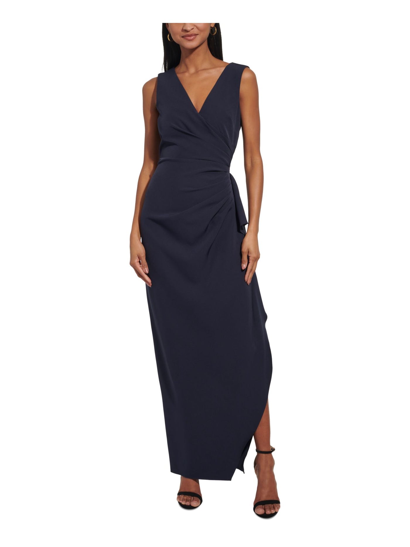 VINCE CAMUTO Womens Navy Zippered Gathered Cascading Ruffle Side-slit Sleeveless V Neck Full-Length Evening Gown Dress 6