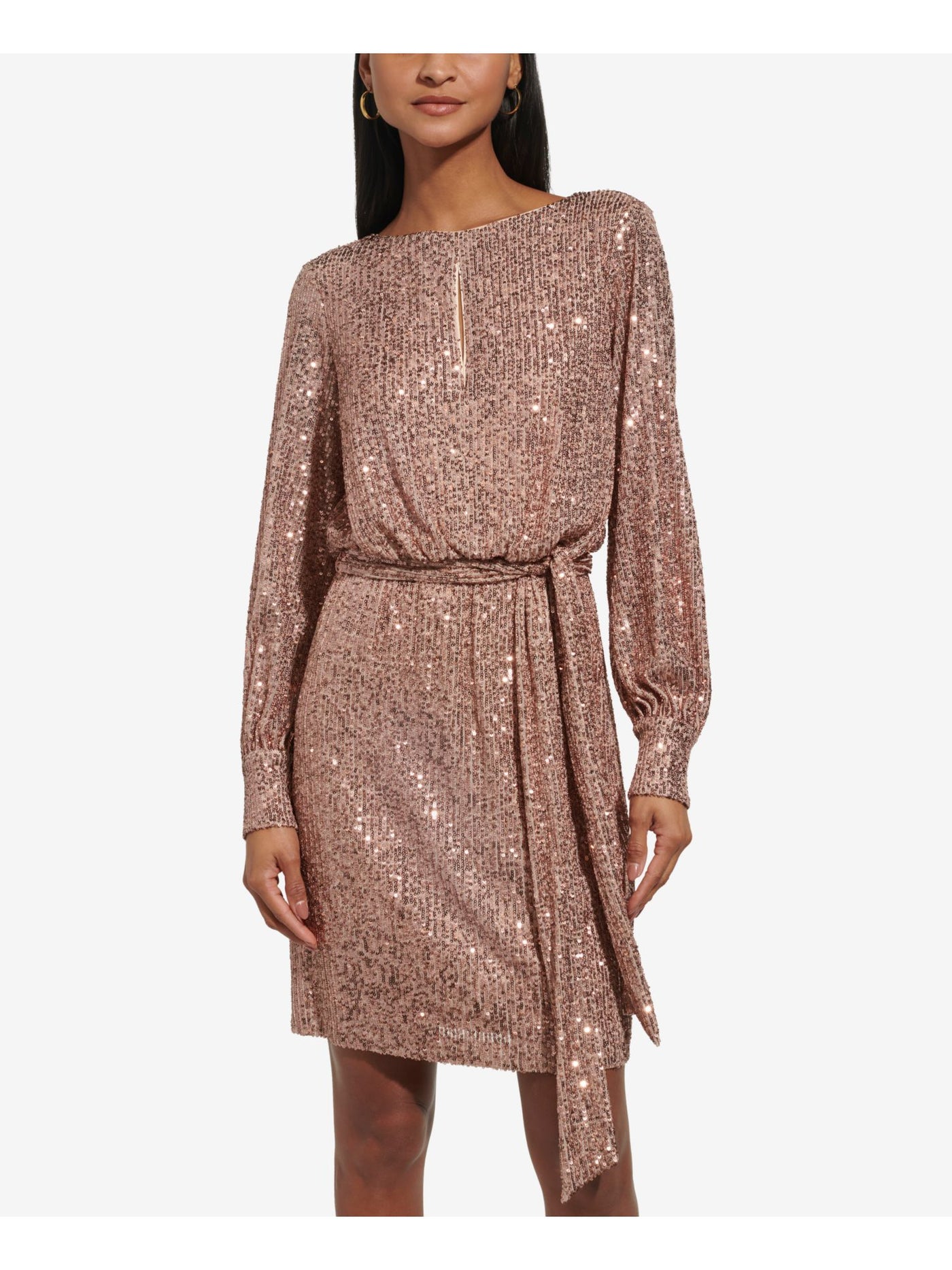 ELIZA J Womens Zippered Cuffed Sleeve Boat Neck Above The Knee Party Blouson Dress