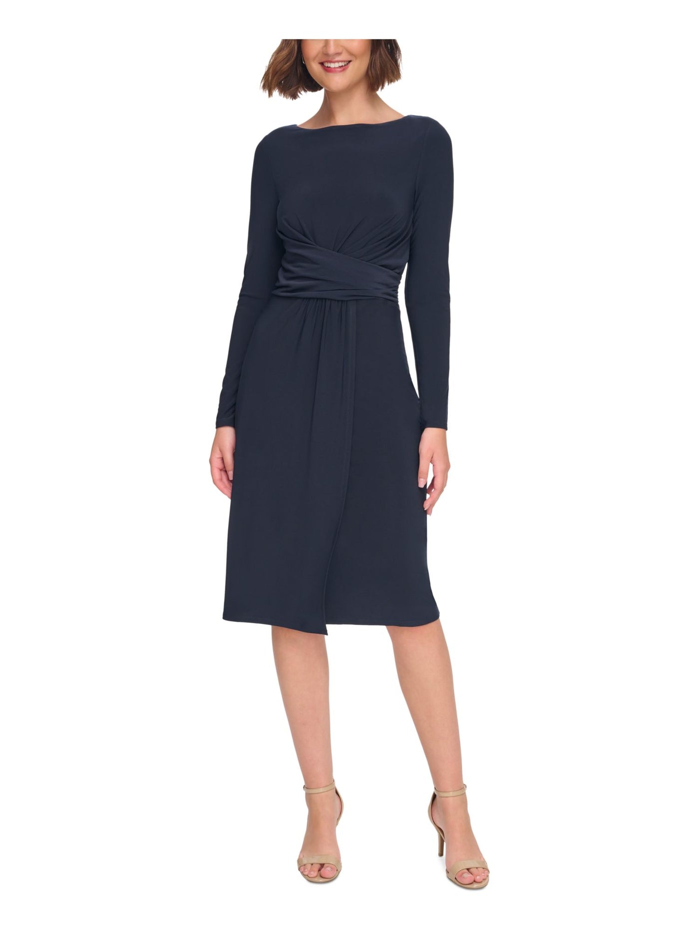 TOMMY HILFIGER Womens Navy Ruched Zippered Faux-wrap Skirt Long Sleeve Boat Neck Knee Length Wear To Work Sheath Dress 16