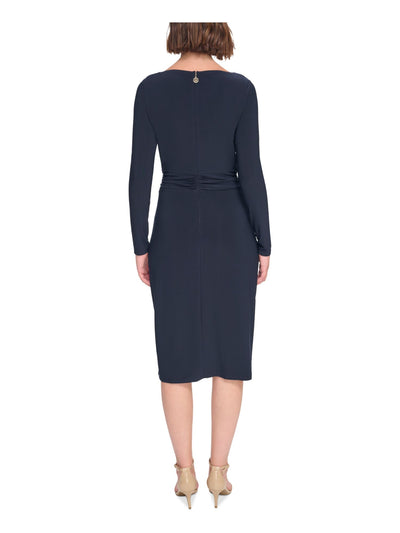 TOMMY HILFIGER Womens Navy Ruched Zippered Faux-wrap Skirt Long Sleeve Boat Neck Knee Length Wear To Work Sheath Dress 16