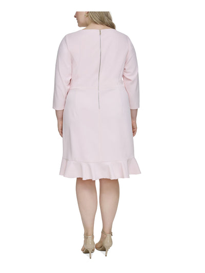 TOMMY HILFIGER Womens Pink Ruffled Zippered 3/4 Sleeve Round Neck Above The Knee Cocktail Fit + Flare Dress Plus 16W