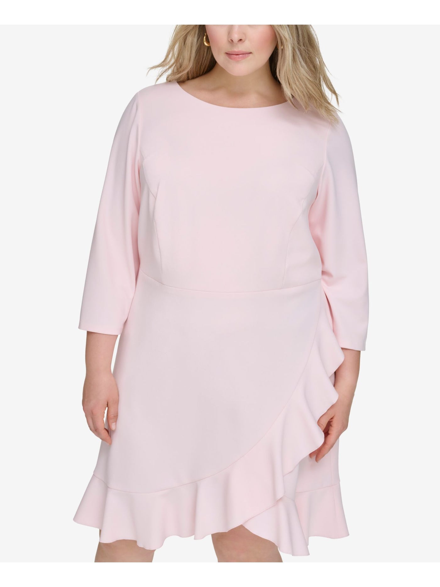 TOMMY HILFIGER Womens Pink Ruffled Zippered 3/4 Sleeve Round Neck Above The Knee Cocktail Fit + Flare Dress Plus 16W