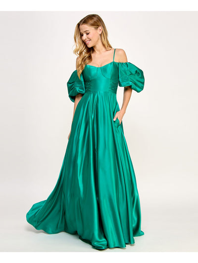 CITY STUDIO Womens Green Satin Zippered Adjustable Soft Cup Poof Sleeve Lined Pleat Pouf Sleeve Sweetheart Neckline Full-Length Formal Gown Dress Juniors 3\4