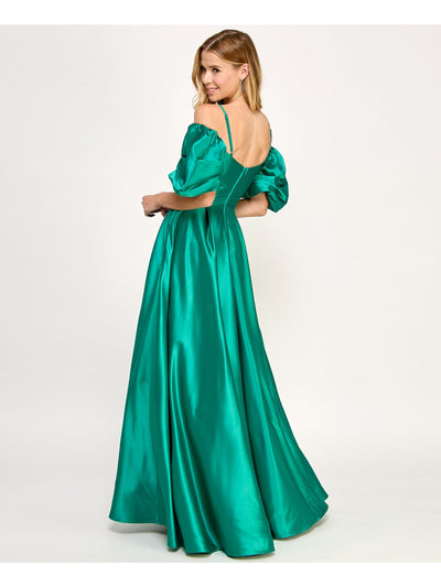 CITY STUDIO Womens Green Satin Zippered Adjustable Soft Cup Poof Sleeve Lined Pleat Pouf Sleeve Sweetheart Neckline Full-Length Formal Gown Dress Juniors 7\8