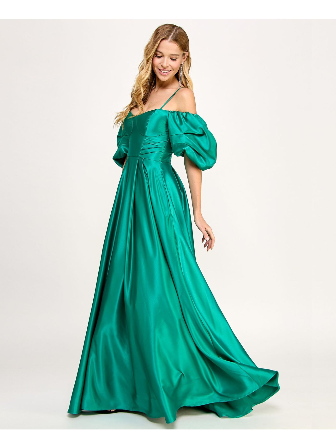 CITY STUDIO Womens Green Satin Zippered Adjustable Soft Cup Poof Sleeve Lined Pleat Pouf Sleeve Sweetheart Neckline Full-Length Formal Gown Dress Juniors 9\10