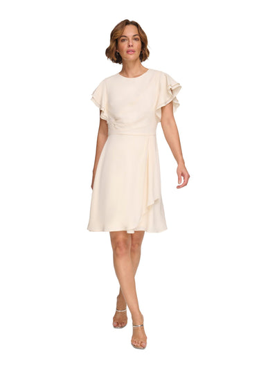 DKNY Womens Beige Ruched Zippered Draped Skirt Flutter Sleeve Round Neck Above The Knee Party Fit + Flare Dress 14