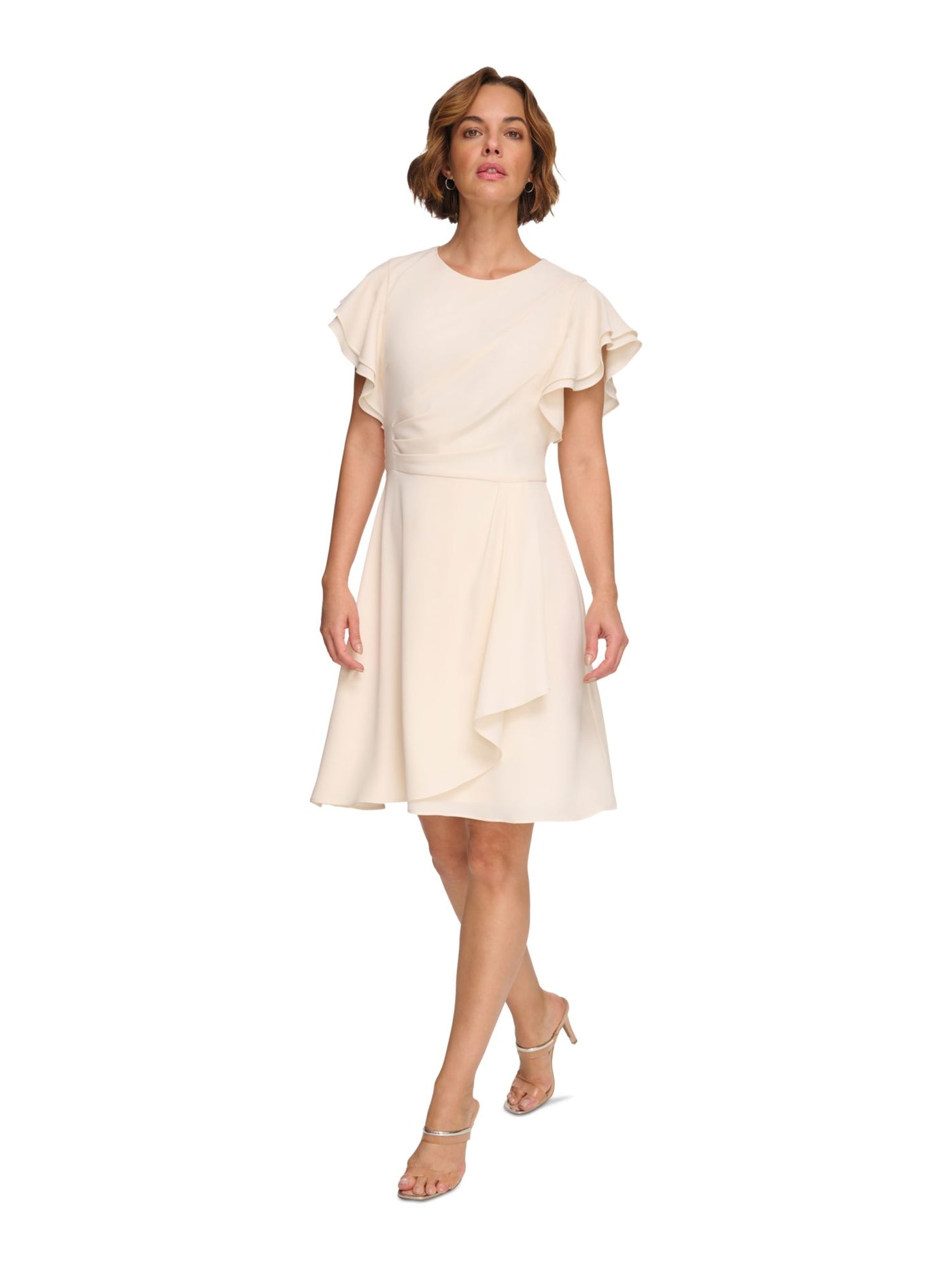 DKNY Womens Beige Ruched Zippered Draped Skirt Flutter Sleeve Round Neck Above The Knee Party Fit + Flare Dress 14