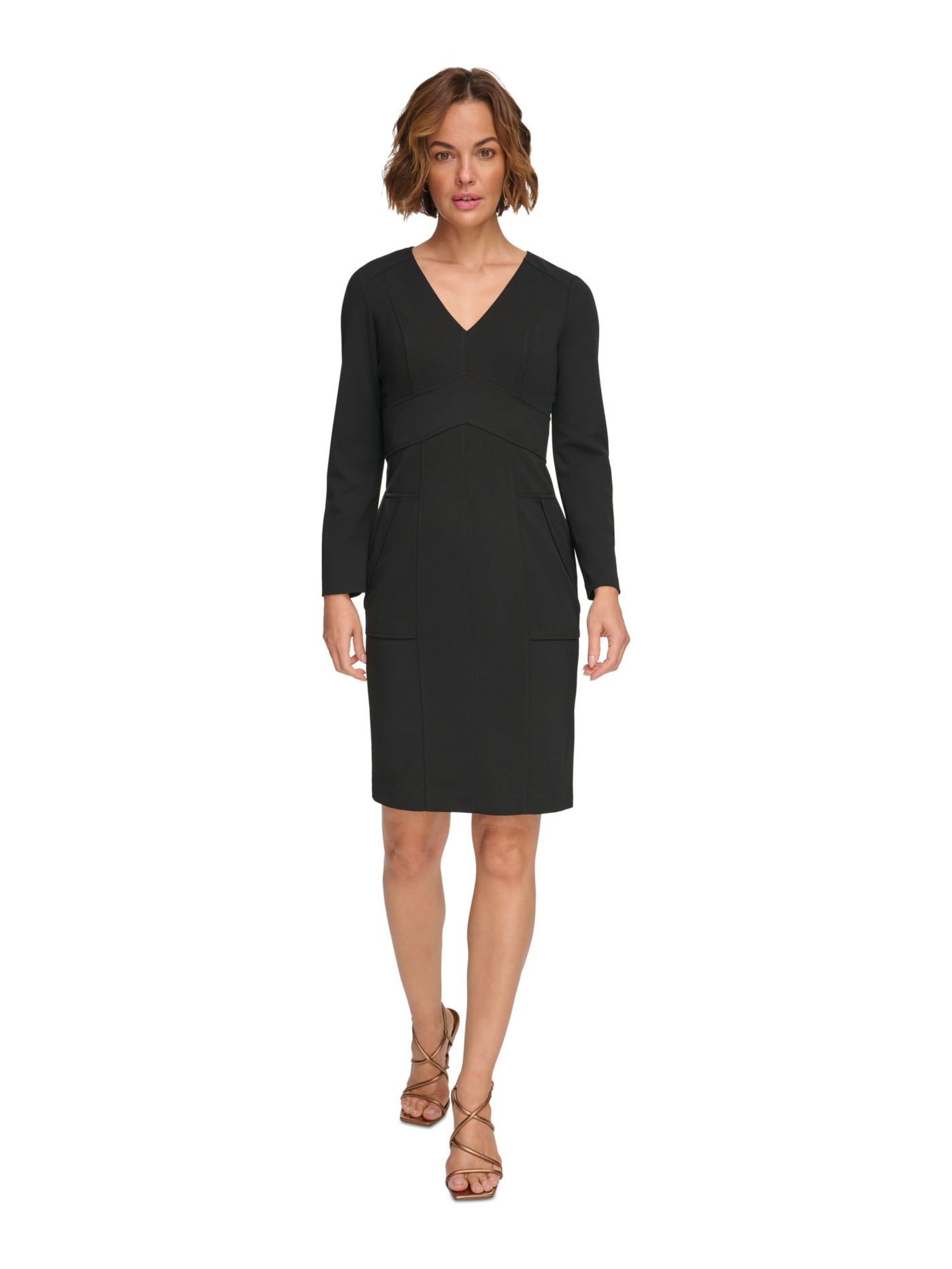 DKNY Womens Black Zippered Pocketed Banded Waist Long Sleeve V Neck Above The Knee Cocktail Sheath Dress 14