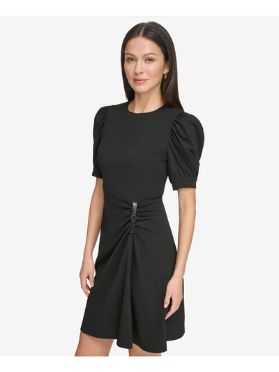 DKNY Womens Black Zippered Ruched Buckle Detail Pouf Sleeve Round Neck Above The Knee Wear To Work Sheath Dress 4