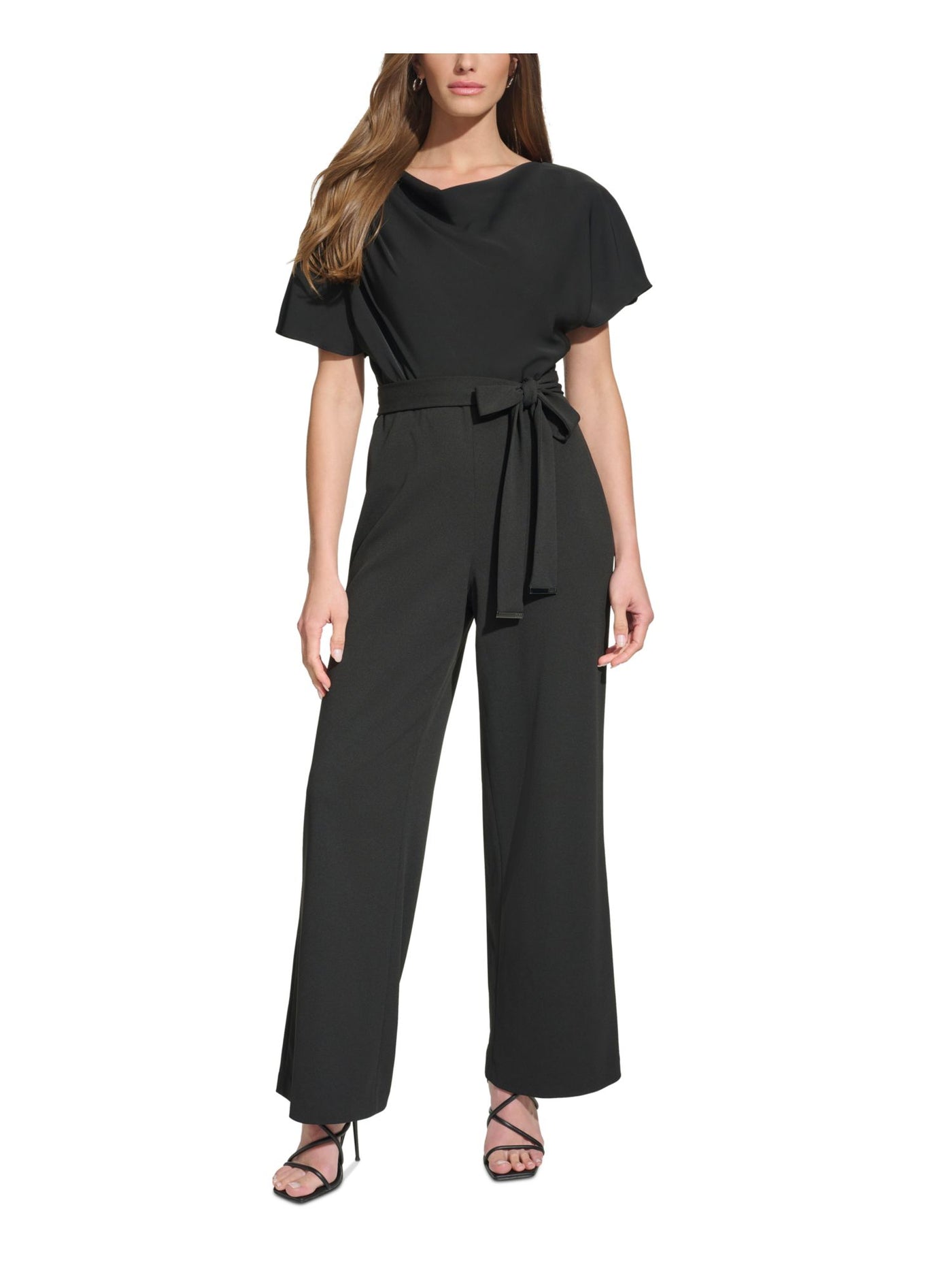 DKNY Womens Black Zippered Pleated Tie-belt Short Sleeve Cowl Neck Wear To Work Wide Leg Jumpsuit 14