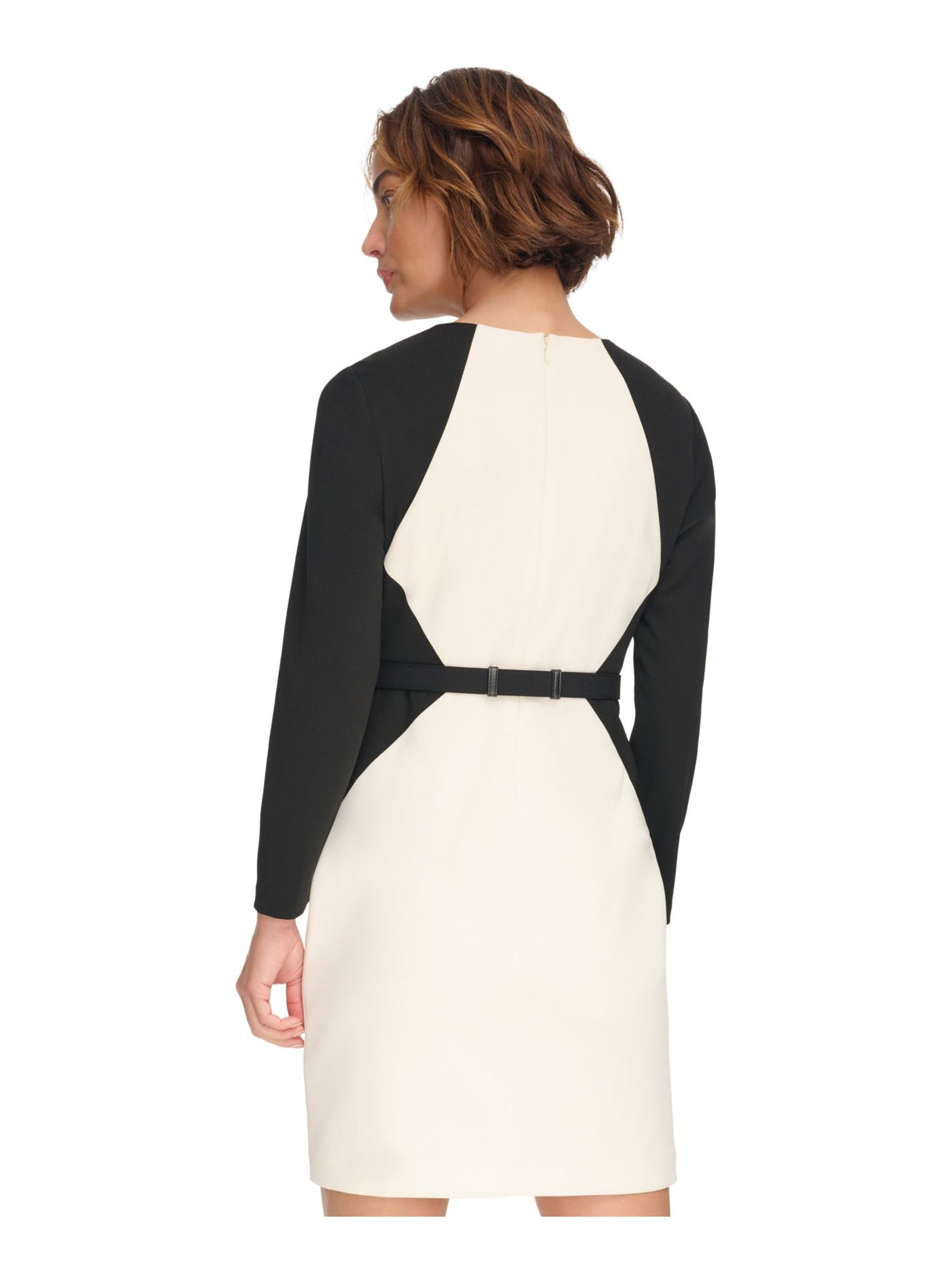 DKNY Womens White Zippered Belted Lined Color Block Long Sleeve Round Neck Above The Knee Wear To Work Sheath Dress 14