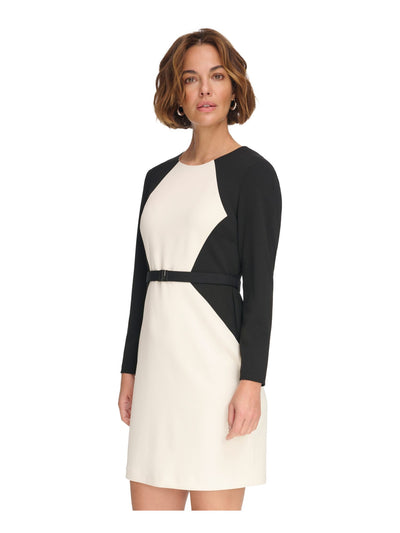 DKNY Womens White Zippered Belted Lined Color Block Long Sleeve Round Neck Above The Knee Wear To Work Sheath Dress 12