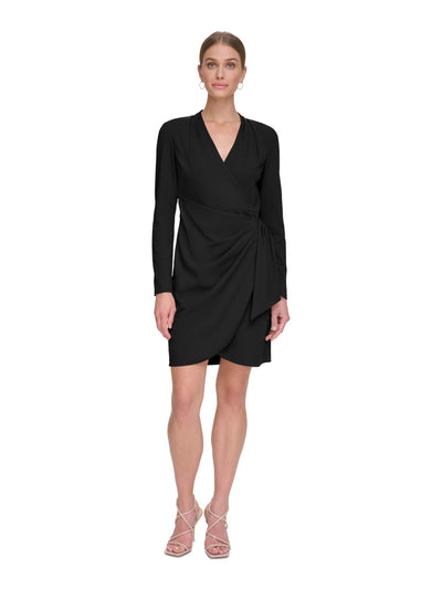 DKNY Womens Black Zippered Pleated Draped Skirt Long Sleeve Surplice Neckline Above The Knee Cocktail Faux Wrap Dress 6