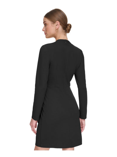 DKNY Womens Black Zippered Pleated Draped Skirt Long Sleeve Surplice Neckline Above The Knee Cocktail Faux Wrap Dress 6