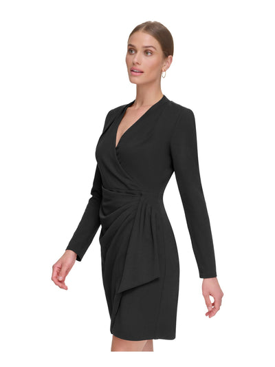 DKNY Womens Black Zippered Pleated Draped Skirt Long Sleeve Surplice Neckline Above The Knee Cocktail Faux Wrap Dress 6