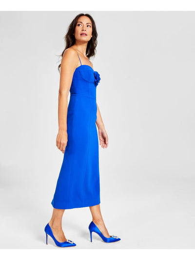 BARDOT Womens Blue Zippered Slitted Sculpted Bust Flower Accent Spaghetti Strap Sweetheart Neckline Midi Party Sheath Dress 12