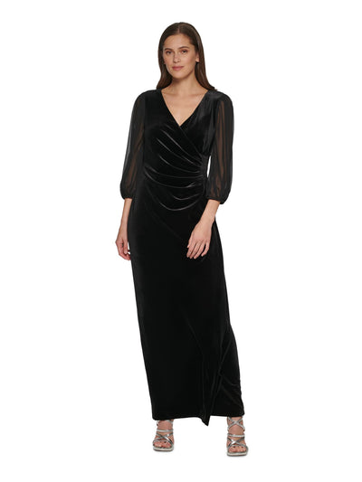 DKNY Womens Black Ruched Zippered 3/4 Sleeve Surplice Neckline Full-Length Formal Gown Dress 4