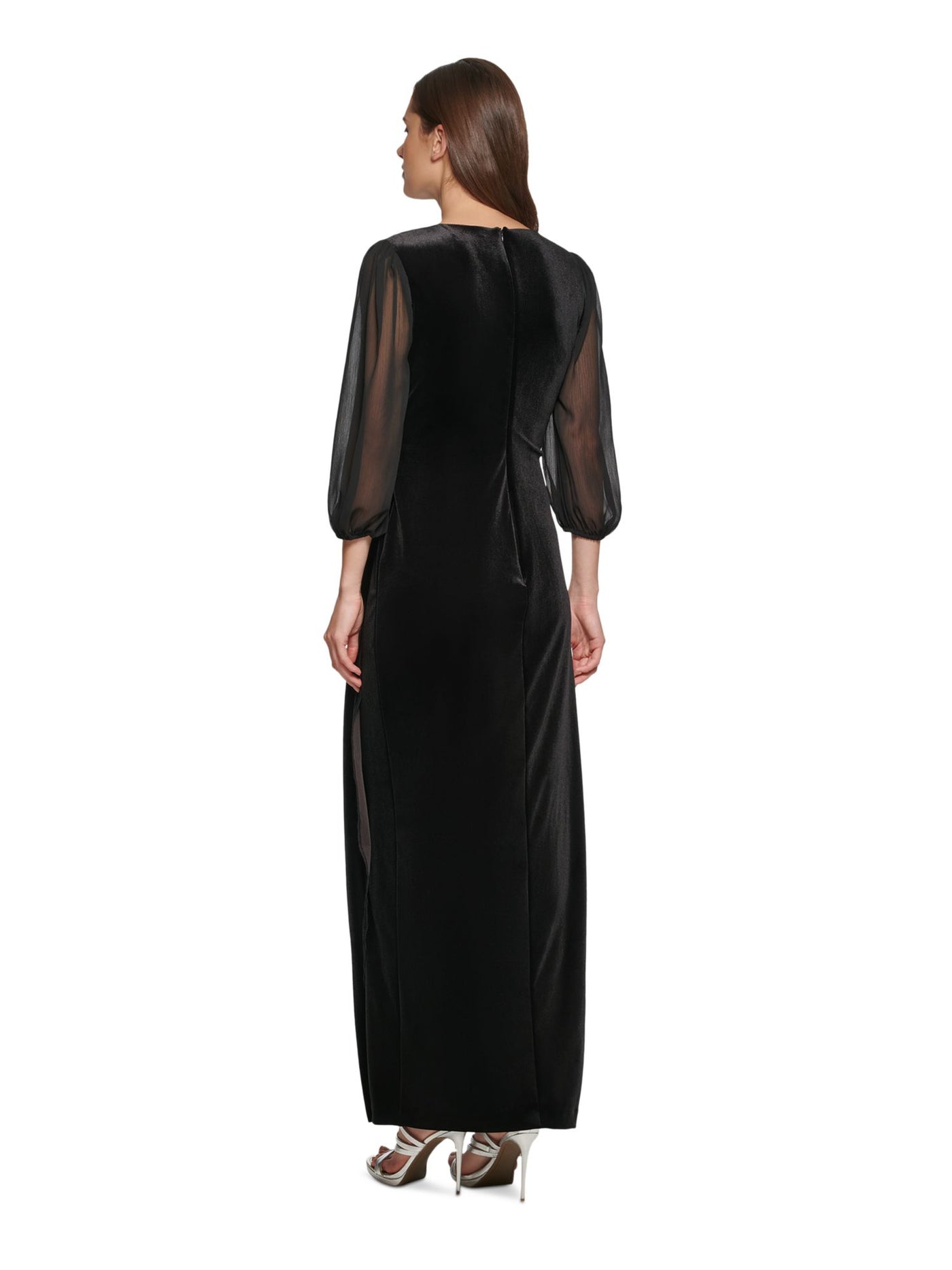 DKNY Womens Black Ruched Zippered 3/4 Sleeve Surplice Neckline Full-Length Formal Gown Dress 4