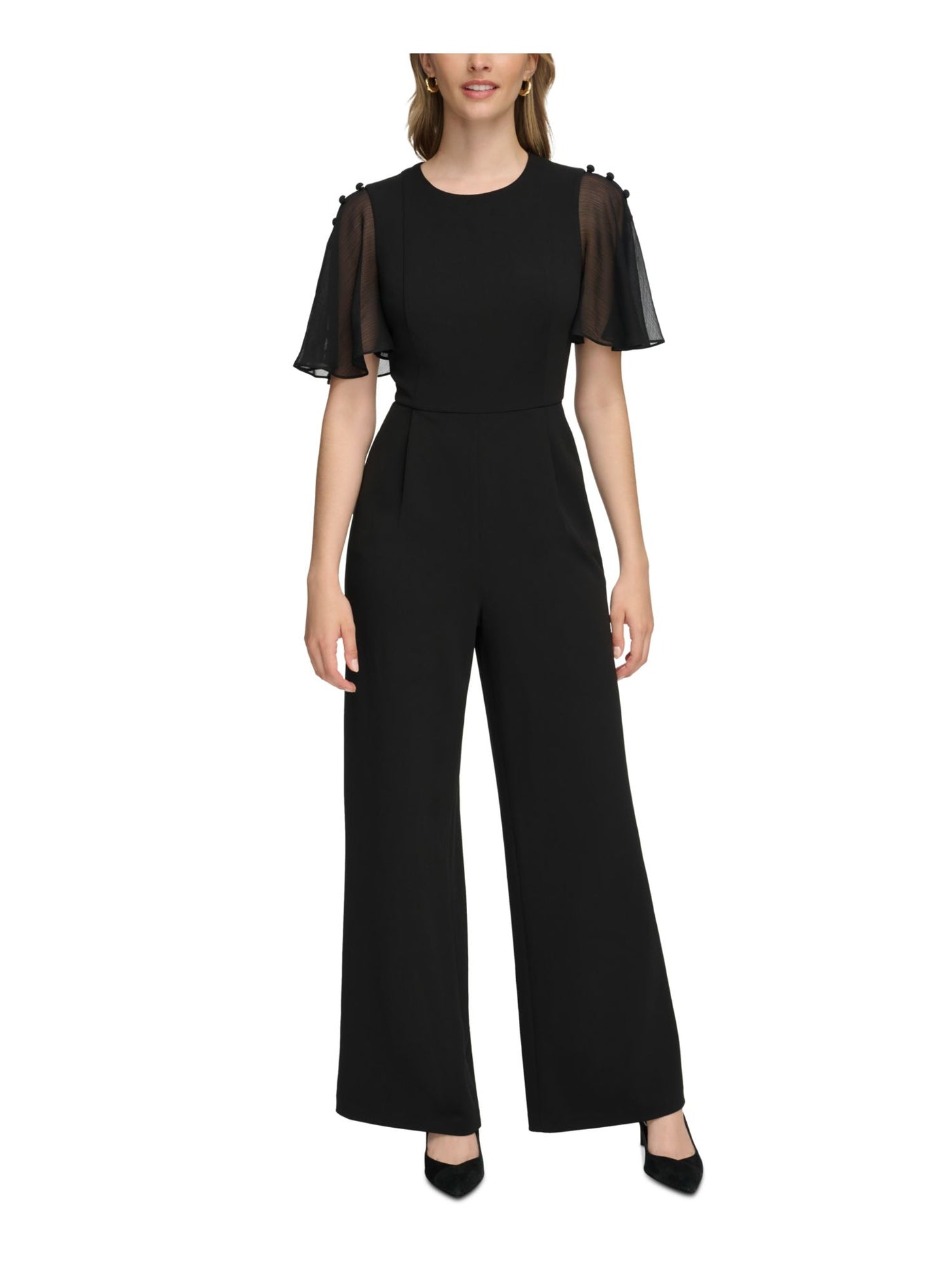 CALVIN KLEIN Womens Black Zippered Button Accents Pocketed Flutter Sleeve Round Neck Evening Wide Leg Jumpsuit 14