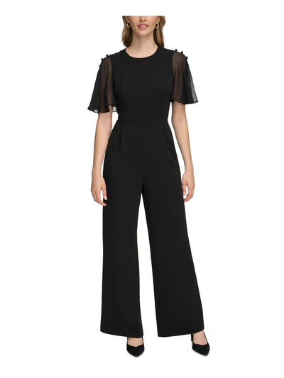 CALVIN KLEIN Womens Black Zippered Button Accents Pocketed Flutter Sleeve Round Neck Evening Wide Leg Jumpsuit 14