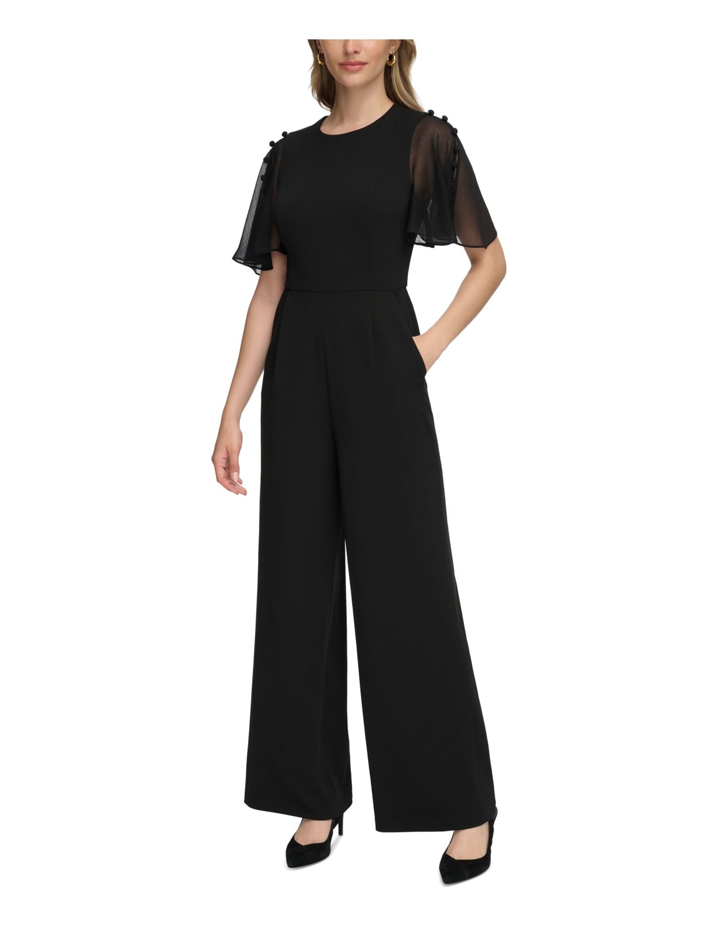 CALVIN KLEIN Womens Black Zippered Button Accents Pocketed Flutter Sleeve Round Neck Evening Wide Leg Jumpsuit 14