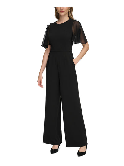 CALVIN KLEIN Womens Black Zippered Button Accents Pocketed Flutter Sleeve Round Neck Evening Wide Leg Jumpsuit 14