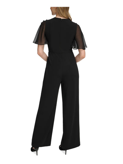 CALVIN KLEIN Womens Black Zippered Button Accents Pocketed Flutter Sleeve Round Neck Evening Wide Leg Jumpsuit 14