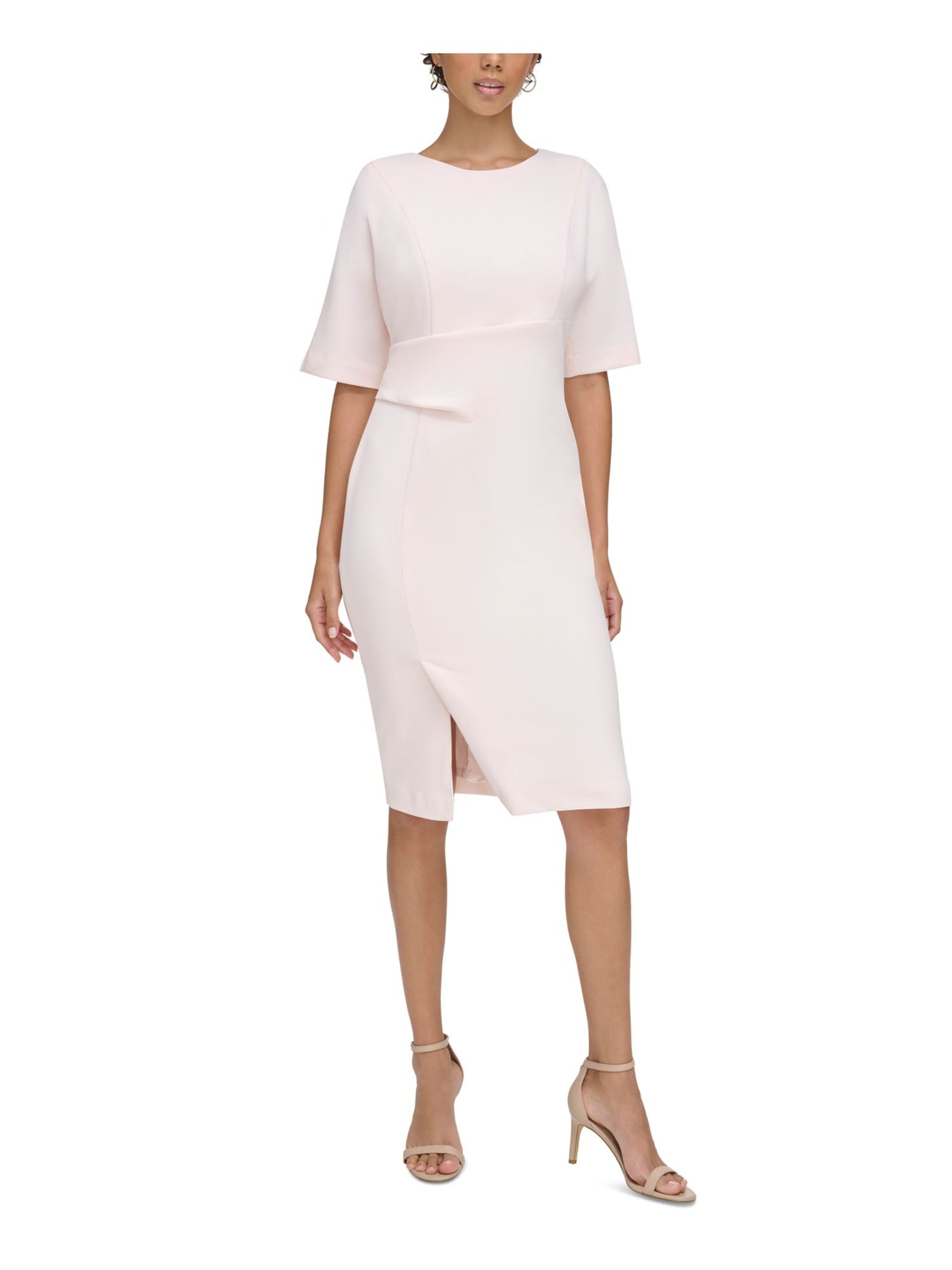CALVIN KLEIN Womens Pink Zippered Lined Side-tuck Waist Slit Hem Dolman Sleeve Round Neck Knee Length Wear To Work Sheath Dress 10