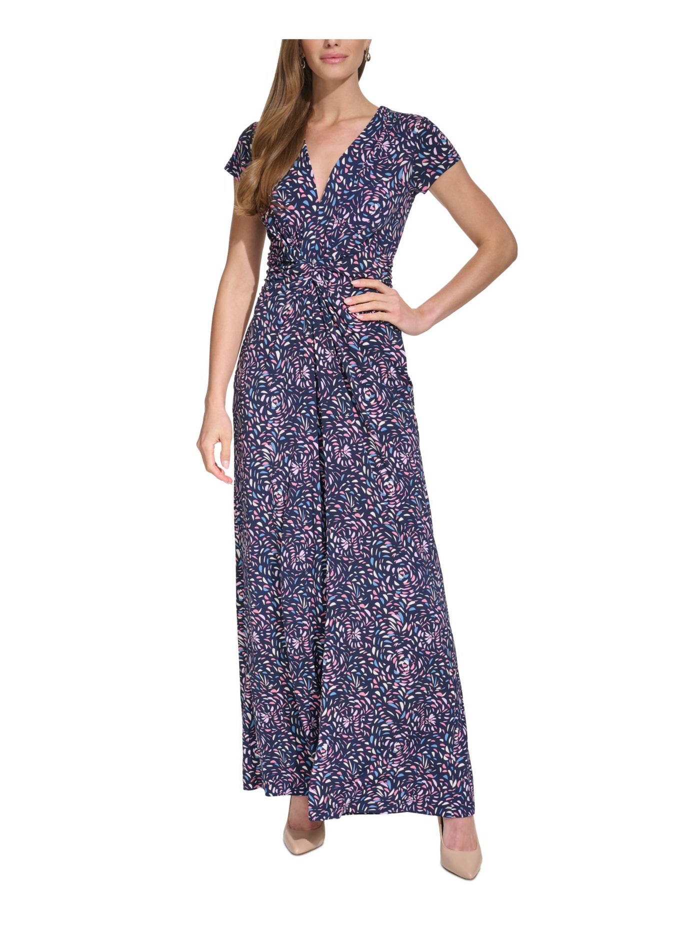 VINCE CAMUTO Womens Navy Twist Front Zippered Pocketed Printed Cap Sleeve V Neck Wide Leg Jumpsuit Petites PM