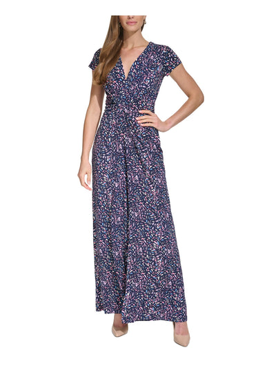 VINCE CAMUTO Womens Navy Twist Front Zippered Pocketed Printed Cap Sleeve V Neck Wide Leg Jumpsuit Petites PM