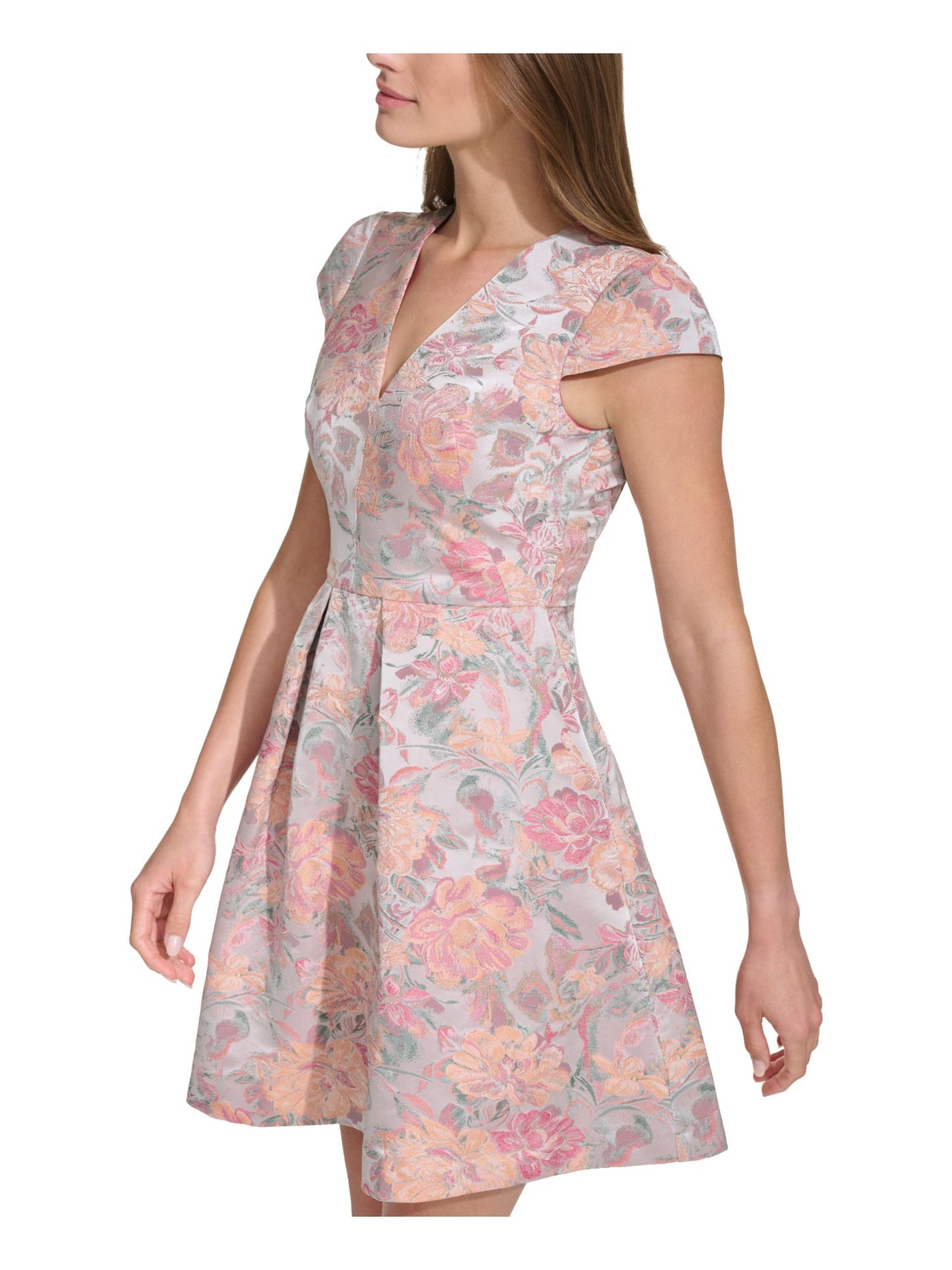 VINCE CAMUTO Womens Pink Pocketed Zippered Jacquard Pleated Lined Floral Cap Sleeve V Neck Short Evening Fit + Flare Dress Petites 4P