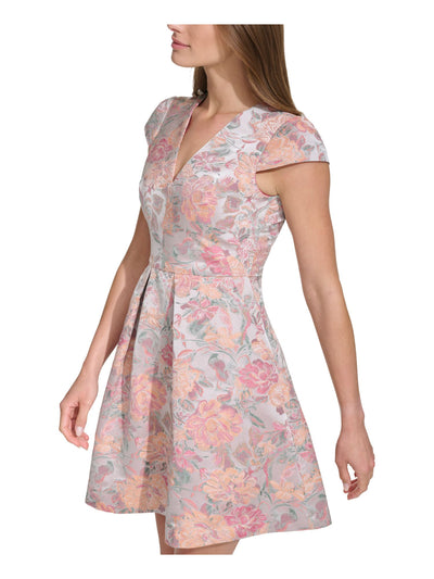 VINCE CAMUTO Womens Pink Pocketed Zippered Jacquard Pleated Lined Floral Cap Sleeve V Neck Short Evening Fit + Flare Dress Petites 4P