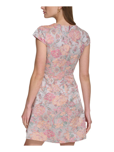 VINCE CAMUTO Womens Pink Pocketed Zippered Jacquard Pleated Lined Floral Cap Sleeve V Neck Short Evening Fit + Flare Dress Petites 4P